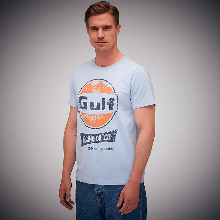 GrandPrix Originals Men's Gulf Vintage Racing Oil T-Shirt - Gulf Blue/Cream T-shirts GrandPrix Originals USA 