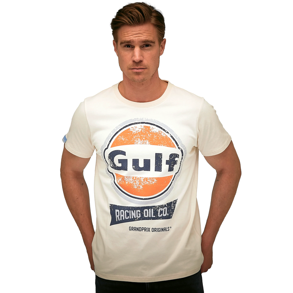 GrandPrix Originals Men's Gulf Vintage Racing Oil T-Shirt - Gulf Blue/Cream T-shirts GrandPrix Originals USA S Cream 