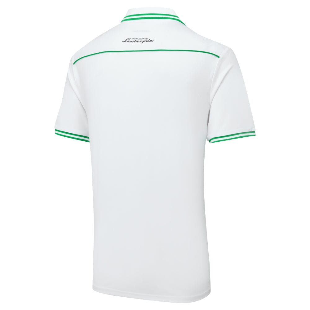 White polo shirt with green outlet collar