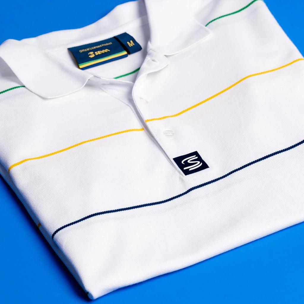 Ayrton Senna F1 Men's Stripe Polo Shirt - White/Navy Polos Ayrton Senna 