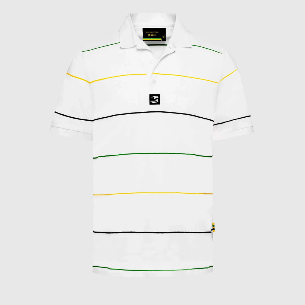 Ayrton Senna F1 Men's Stripe Polo Shirt - White/Navy Polos Ayrton Senna XS White 