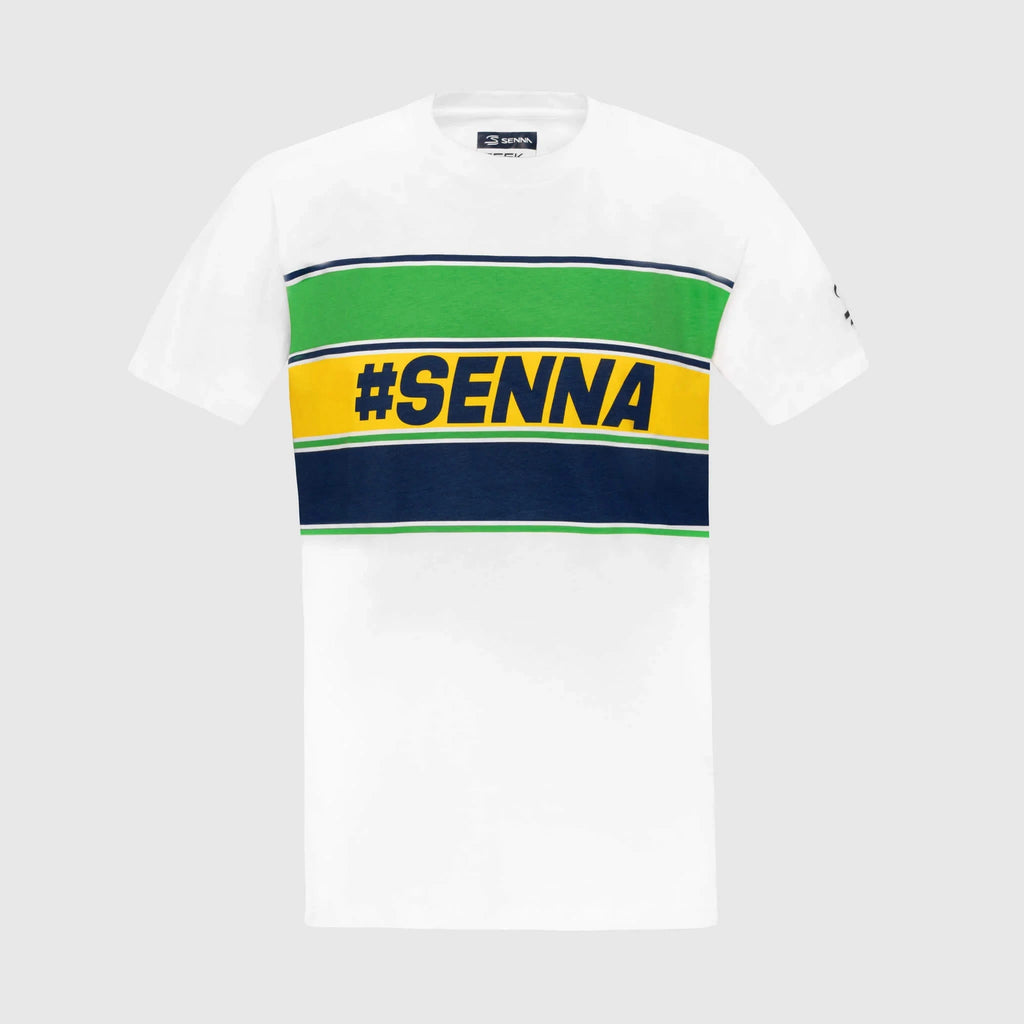 Ayrton Senna F1 Men's #Senna T-Shirt - Blue/Yellow/White T-shirts Ayrton Senna XS White 